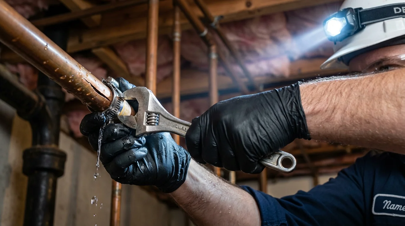 Emergency pipe clamp repair being performed by a Johns Plumbing LLC plumber in Concordia