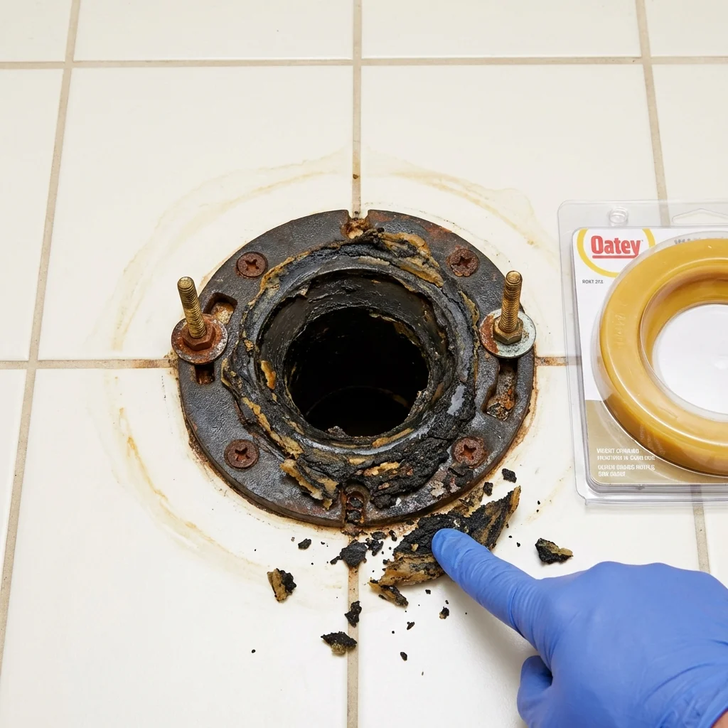 Failed wax ring showing water seepage at the base of a toilet in a Concordia, MO home