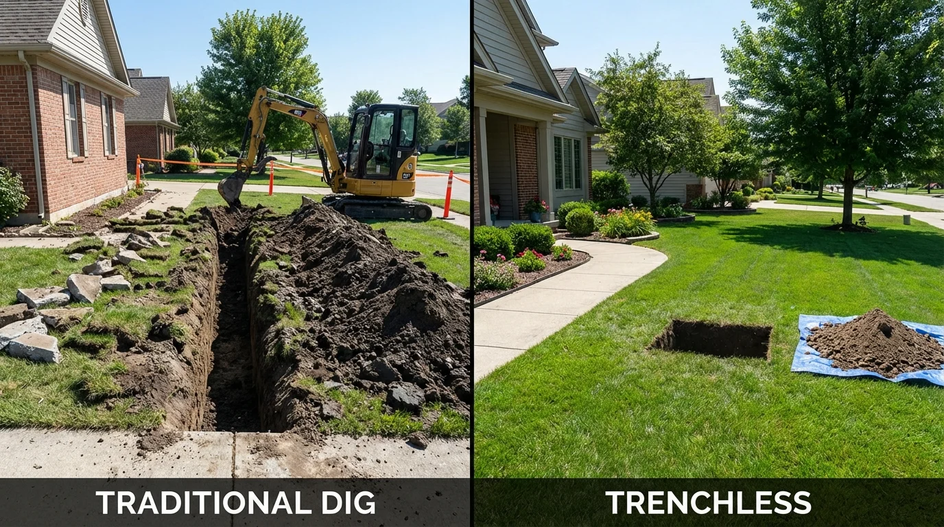 Trenchless sewer repair with minimal yard damage versus traditional excavation in Concordia, MO
