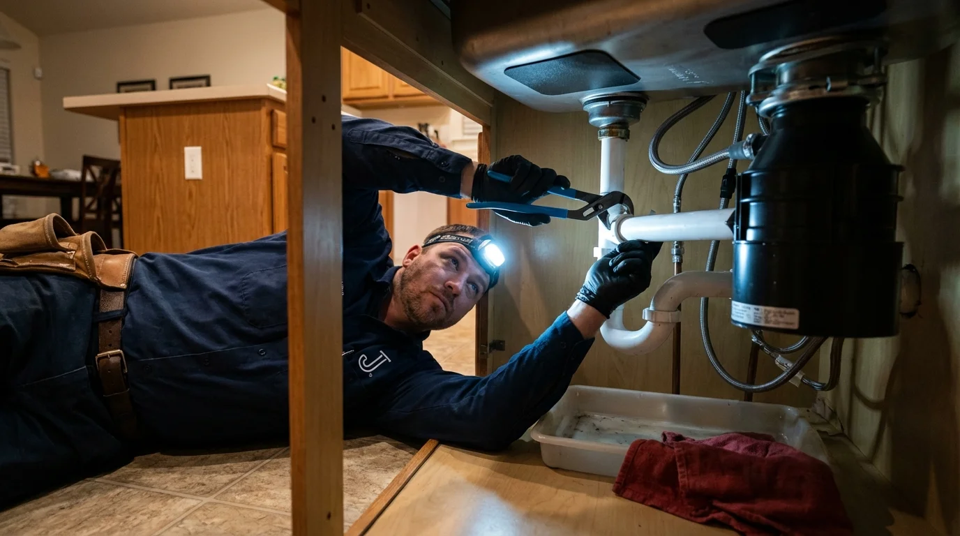 P-trap and supply line connections under a kitchen sink showing a common leak point in Concordia, MO